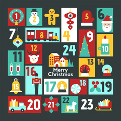 Fototapeta premium Classic Christmas Village Advent Calendar with Retro Festive Icons Snowy Winter Holiday Scene