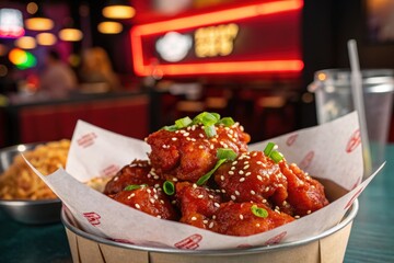 Sweet and spicy korean fried chicken with sesame seeds and green onions
