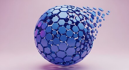 A dynamic 3d rendering features a sphere made of blue hexagons, with a section breaking apart, creating a sense of motion against a gradient backdrop