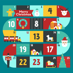 Retro Merry Christmas Advent Calendar with Playful Holiday Icons Bright Festive Blocks and Cute Winter