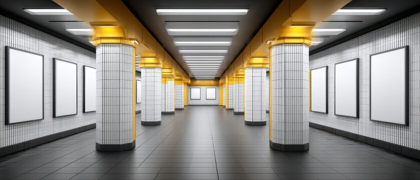 Modern station interior with white tiled walls tall columns and bright lighting clean architectural design - Powered by Adobe