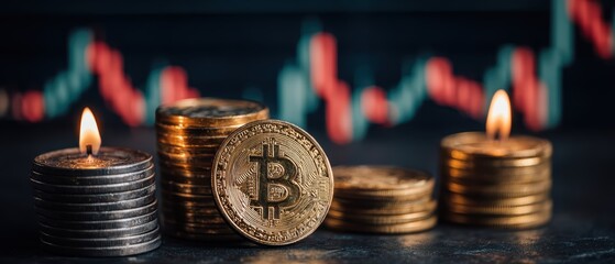 Close-up of Bitcoin coin stacked with coins and flames on top, financial growth and cryptocurrency concept with stock market chart in background