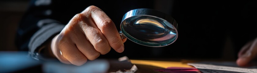 Close-up of a hand holding a magnifying glass examining a document in a dark setting with focused lighting and professional investigative atmosphere
