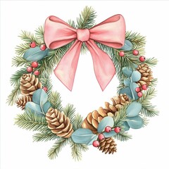 Watercolor christmas wreath with a pink bow and pine cones, in pastel colors. Winter Christmas decoration.