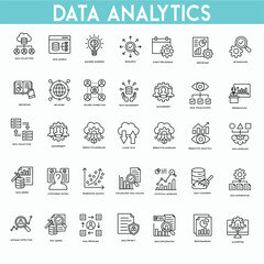 Modern data analytics icon set showing charts, graphs, metrics, and statistics.