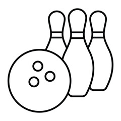 Bowling ball and pins vector icon. Black line art style. Sports game symbol for leisure and entertainment design.
