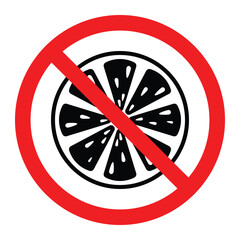 No lemon vector icon. Citrus fruit slice silhouette crossed with red prohibition circle. Food allergy or restricted fruit warning sign for packaging and safety labels.