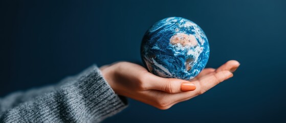 Person Holding Small Earth Globe in Hand Against Dark Blue Background for Environmental Awareness and Global Warming Concept