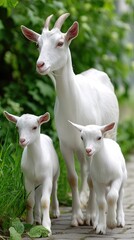 Obraz premium Young goats explore the grass and nibble nearby while enjoying a sunny day close to a rustic barn filled with wooden textures