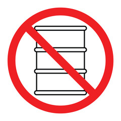No oil barrel vector icon. Industrial drum silhouette crossed with red prohibition circle. Hazardous material or fuel storage restriction sign.