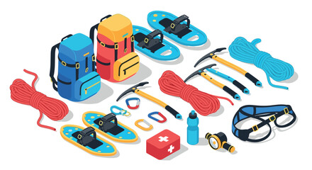 Winter hiking gear essentials for adventure enthusiasts in isometric style