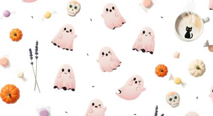 Halloween treats and ghosts pattern, isolated on transparent background