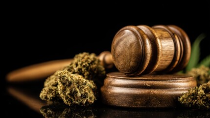 Close-up of wooden gavel with cannabis buds on dark background symbolizing law and marijuana legal issues