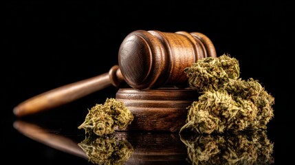 Close-up of wooden gavel with cannabis buds on a black background symbolizing law and marijuana legal issues