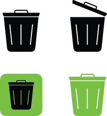 Set of four stylized trash can icons in black and green showcasing different perspectives and styles for waste management and recycling concepts