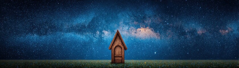 Small wooden house with steep roof standing in vast grassy field beneath starry night sky with Milky Way galaxy in the background
