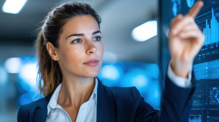 Businesswoman Analyzing Financial Data on Digital Screen Using Touchscreen Technology in Modern Office Environment