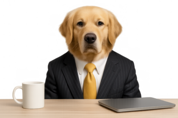 Golden retriever dog in business suit with tie sitting at office desk, working or studying, transparent background