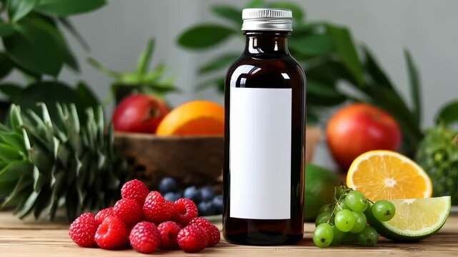 Healthy Beverage Bottle Mockup with Fresh Fruits and Berries.