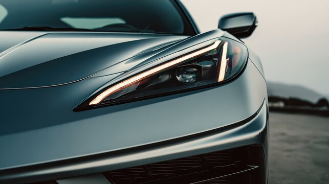 Sleek sports car shines at sunset by the coastline under a warm sky - Powered by Adobe