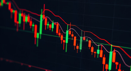 Bear Market Stock Chart Depicting Downtrend with Red and Green Candlesticks Illustrating Financial Loss and Economic Recession on a Dark Background