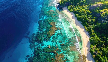 Aerial View Of A Tropical Island Coastline With Lush Green Trees And Crystal Clear Turquoise Water Over Coral Reefs