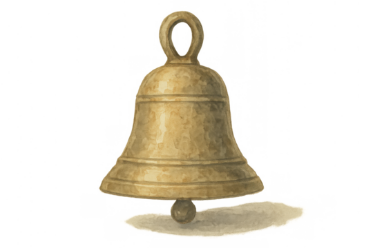 Vintage brass bell watercolor illustration ringing sound, antique metal object, traditional musical instrument