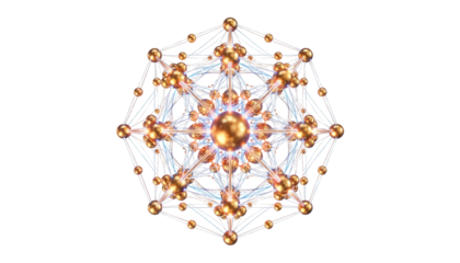 An intricate golden molecular structure isolated on transparent background, showcasing a complex network of interconnected spheres and lines, radiating a sense of scientific elegance and precision