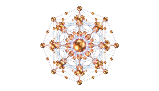 An intricate golden molecular structure isolated on transparent background, showcasing a complex network of interconnected spheres and lines, radiating a sense of scientific elegance and precision