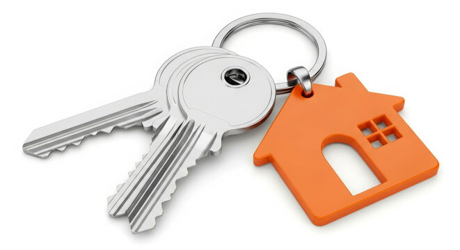 House keys with orange house shaped keychain on white background