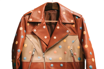 Stylish and colorful leather jacket with a unique polka dot pattern, perfect for a bold fashion statement