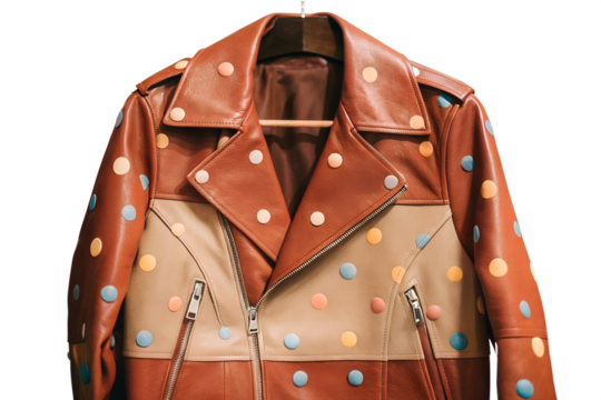 Stylish and colorful leather jacket with a unique polka dot pattern, perfect for a bold fashion statement