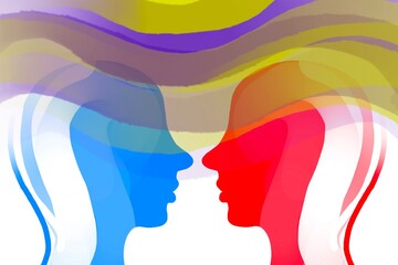 disegno grafico due persone se si scambiano le idee sfondo bianco. Telepatia 