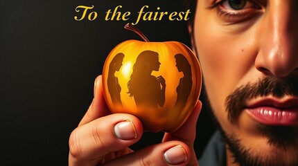 Portrait of man holding golden apple with three female silhouettes, symbolic illustration of Greek myth "The Judgement of Paris"