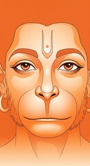 Minimal Hanuman Face Vector. Warm Orange Tones and Calm Divine Eyes.