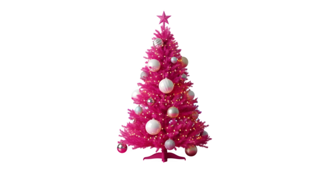 Pink Christmas Tree with Ornaments, isolated on transparent background