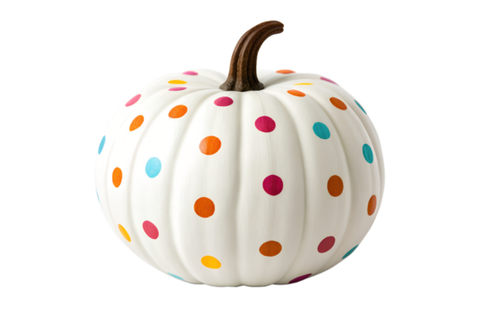 A cheerful and festive white pumpkin adorned with vibrant, multicolored polka dots, perfect for autumn decor or a whimsical Halloween celebration