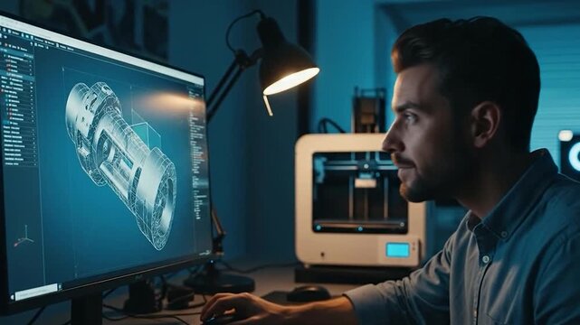 Engineer working on 3 d computer aided design model on desktop monitor with additive manufacturing machine in office