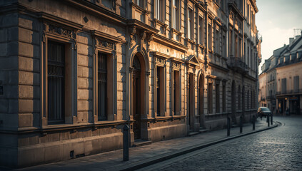 Fototapeta premium Historic European architecture bathed in warm sunlight on a cobblestone street