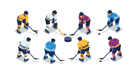 Obraz premium Isometric ice hockey players in action with puck on white background