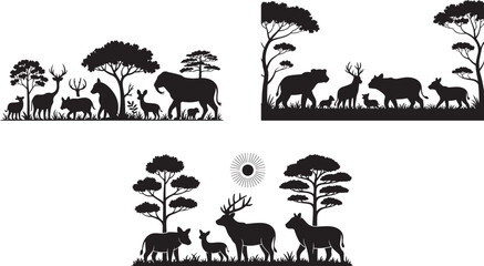 African savanna wildlife silhouettes isolated on white background