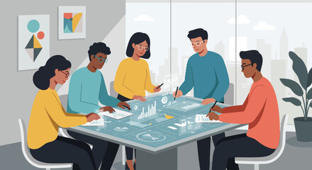 Team Collaborating Around Futuristic Interactive Digital Table.