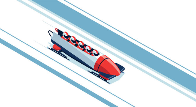 Isometric winter bobsled team racing down track with motion effect