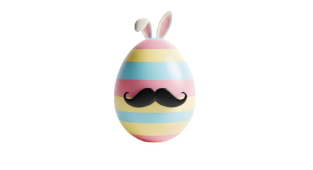 Easter egg with bunny ears and mustache 3d rendered, isolated on transparent background