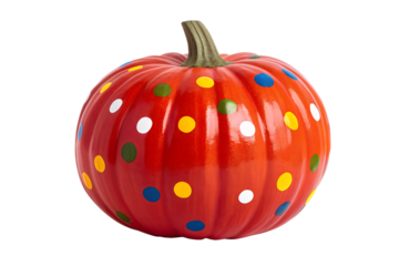 Vibrant red decorative pumpkin adorned with an array of colorful polka dots, perfect for festive autumn celebrations and holiday home decor against a crisp white background