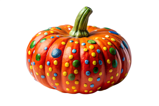 An orange pumpkin decorated with colorful raised polka dots. A festive autumn craft project for Halloween or fall decor, isolated on a clean white background