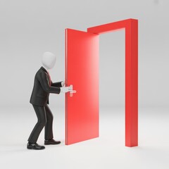 Business man character pushing open a bright red door to new opportunities