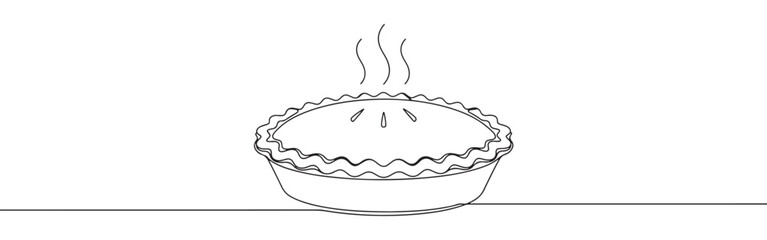 Continuous line drawing of a steaming hot pie, representing baking, comfort food, and homemade desserts, isolated on a white background.