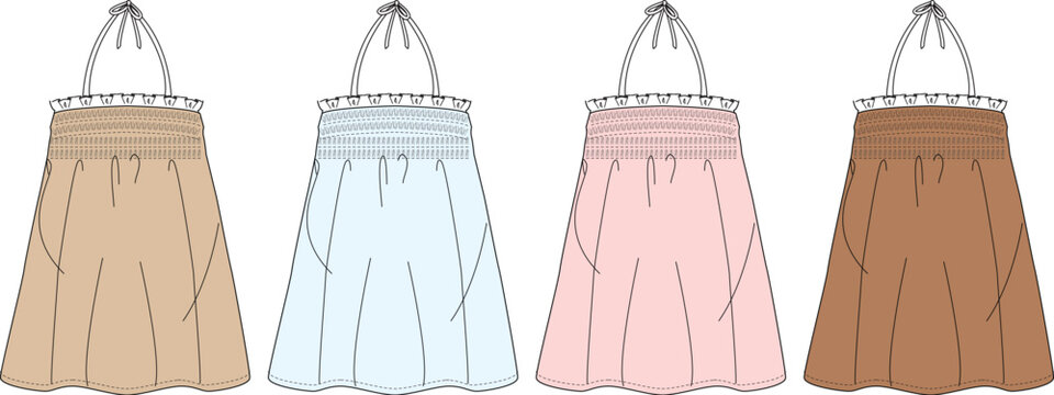 Set of women's halter neck smocked tops technical fashion flat sketches in different colors. Vector illustration of apparel design templates