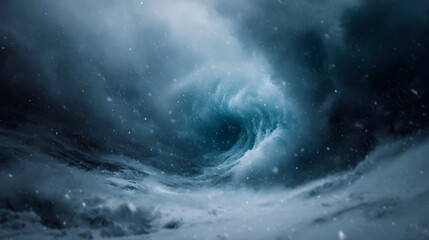 A dramatic swirling vortex of dark water and snow in a turbulent ocean storm